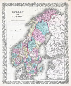 Large detailed old political map of Sweden and Norway with relief - 1855.