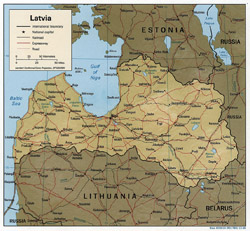 Political map of Latvia with relief, roads and cities.