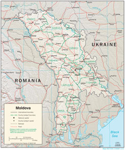 Large political and administrative map of Moldova with relief, roads and cities.