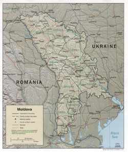 Political and administrative map of Moldova with relief, roads and cities.