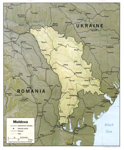 Political map of Moldova with relief, roads, railroads and cities.