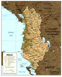 Political and administrative map of Albania with relief.