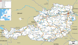 Detailed road map of Austria with cities and airports.