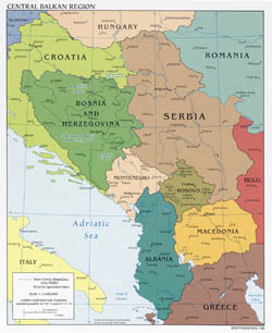 Large detailed political map of Central Balkan Region with major cities - 2008.