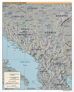 Large detailed political map of Central Balkan Region with relief and major cities - 2007.