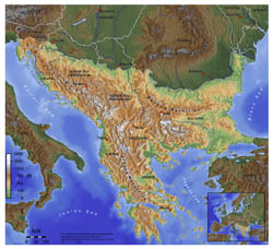 Large topographical map of Balkans.