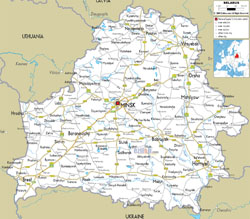 Detailed road map of Belarus with cities and airports.