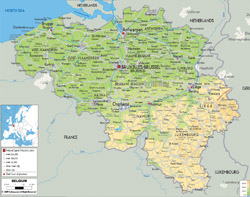 Detailed physical map of Belgium with roads, cities and airports.