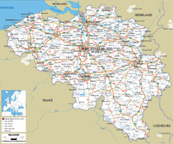 Detailed road map of Belgium with cities and airports.