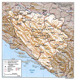 Political and administrative map of Bosnia and Herzegovina with relief.