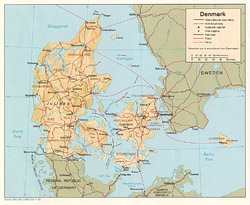 Detailed political and administrative map of Denmark with relief.