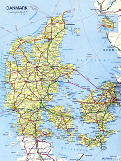 Detailed road map of Denmark with cities.