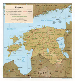 Political and administrative map of Estonia with relief.