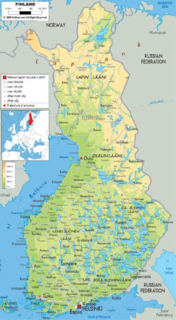 Detailed physical map of Finland with cities, roads and airports.