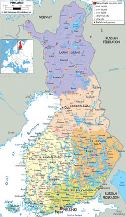 Detailed political and administrative map of Finland with cities, roads and airports.