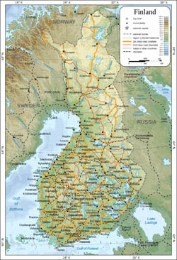 Large physical map of Finland with cities, roads and railways.