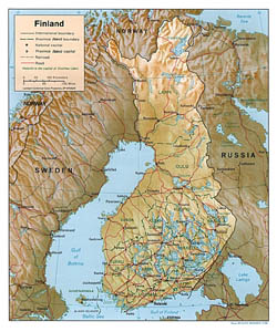 Political and administrative map of Finland with relief.