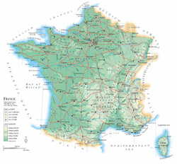 Detailed physical map of France with roads and cities.