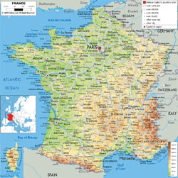 Detailed physical map of France with roads, cities and airports.