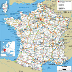 Detailed road map of France with cities and airports.