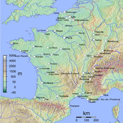 Physical map of France.