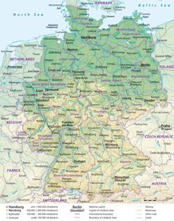 Detailed administrative map of Germany with relief.