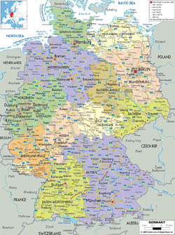 Detailed political and administrative map of Germany with cities, roads and airports.