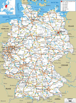 Detailed road map of Germany with cities and airports.