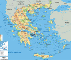Detailed physical map of Greece with cities, roads and airports.