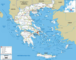 Detailed road map of Greece with cities and airports.