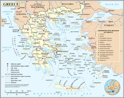Large political and administrative map of Greece with cities, roads and airports.