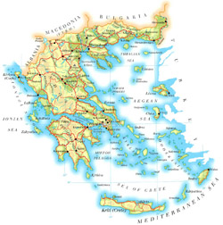 Road map of Greece with cities and airports.