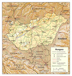 Political and administrative map of Hungary with relief.