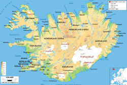 Detailed physical map of Iceland with roads, cities and airports.