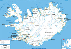 Detailed road map of Iceland with cities and airports.