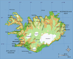 Elevation map of Iceland with roads.