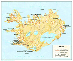Political map of Iceland with relief.