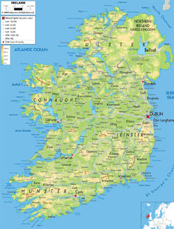 Detailed physical map of Ireland with cities, roads and airports.