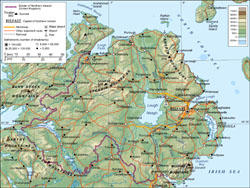 Detailed physical map of Northern Ireland.