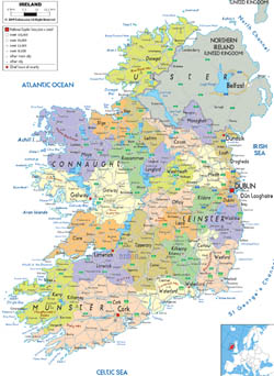 Detailed political and administrative map of Ireland with cities, roads and airports.