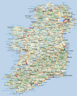 Road map of Ireland with cities and airports.