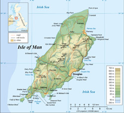 Detailed physical map of Isle of Man with roads and cities.