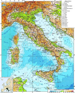 Detailed physical map of Italy in Russian.