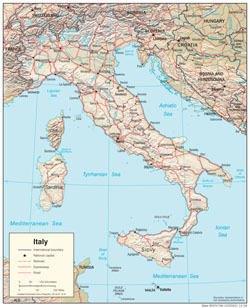 Detailed political map of Italy with relief, cities and roads.