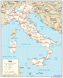 Detailed political map of Italy with roads and cities.