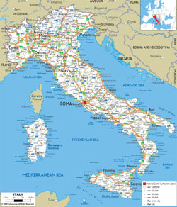 Detailed road map of Italy with cities and airports.