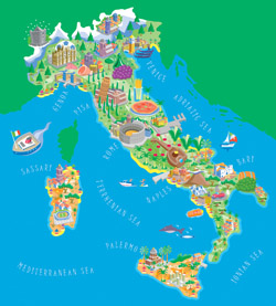 Illustrated tourist map of Italy.