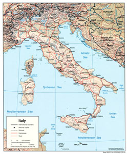 Political map of Italy with relief, cities and roads.
