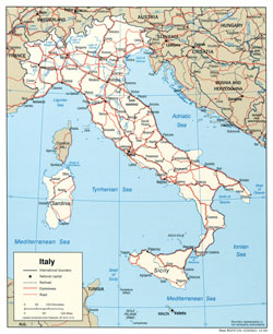 Political map of Italy with roads and cities.