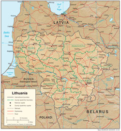 Detailed political and administrative map of Lithuania with relief, roads and cities.